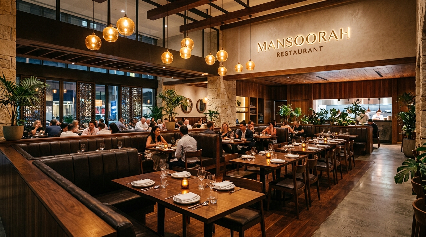 The dining room at Restaurant Mansoorah with warm pendant lighting and full tables