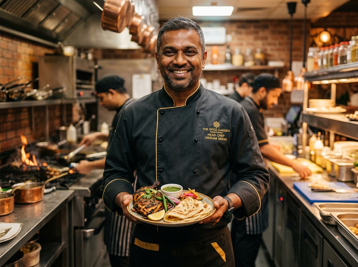 The head chef holding a plate of grilled chicken and parotta in the Mansoorah kitchen