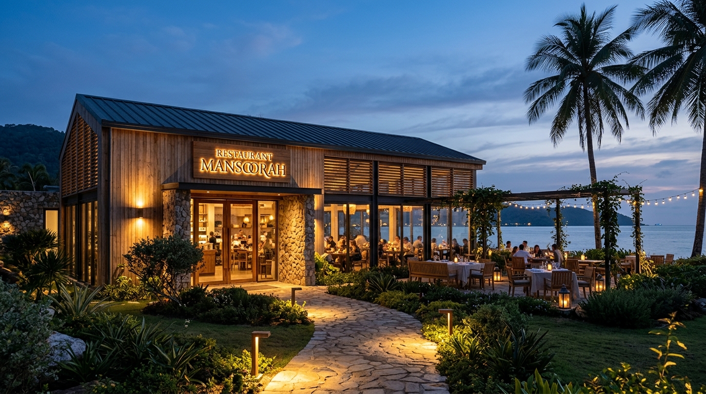 Restaurant Mansoorah lit up at dusk with outdoor tables under the trees