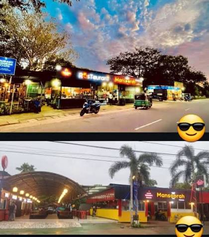 Two views of the restaurant from Colombo Road, at sunset and in daylight