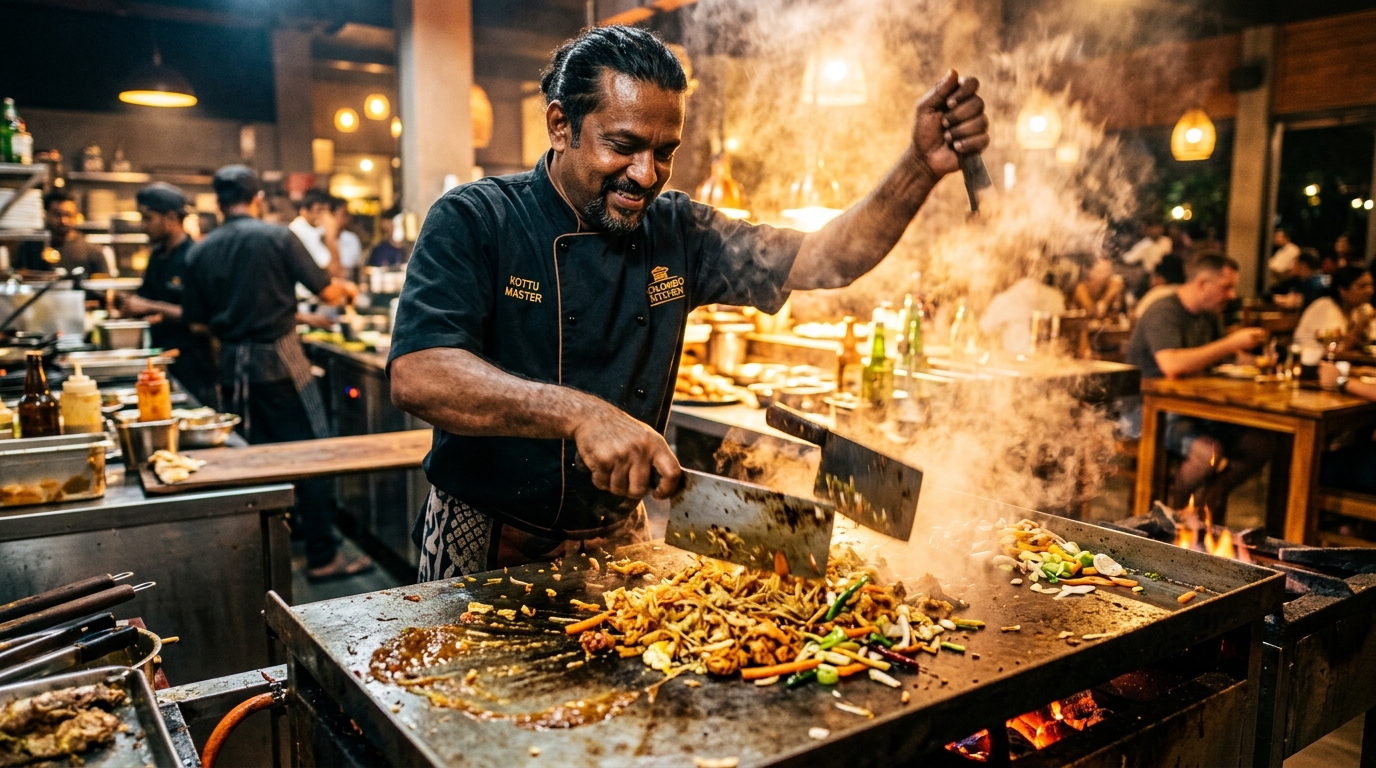 A cook working the open kottu griddle at Restaurant Mansoorah, blades flying over flame