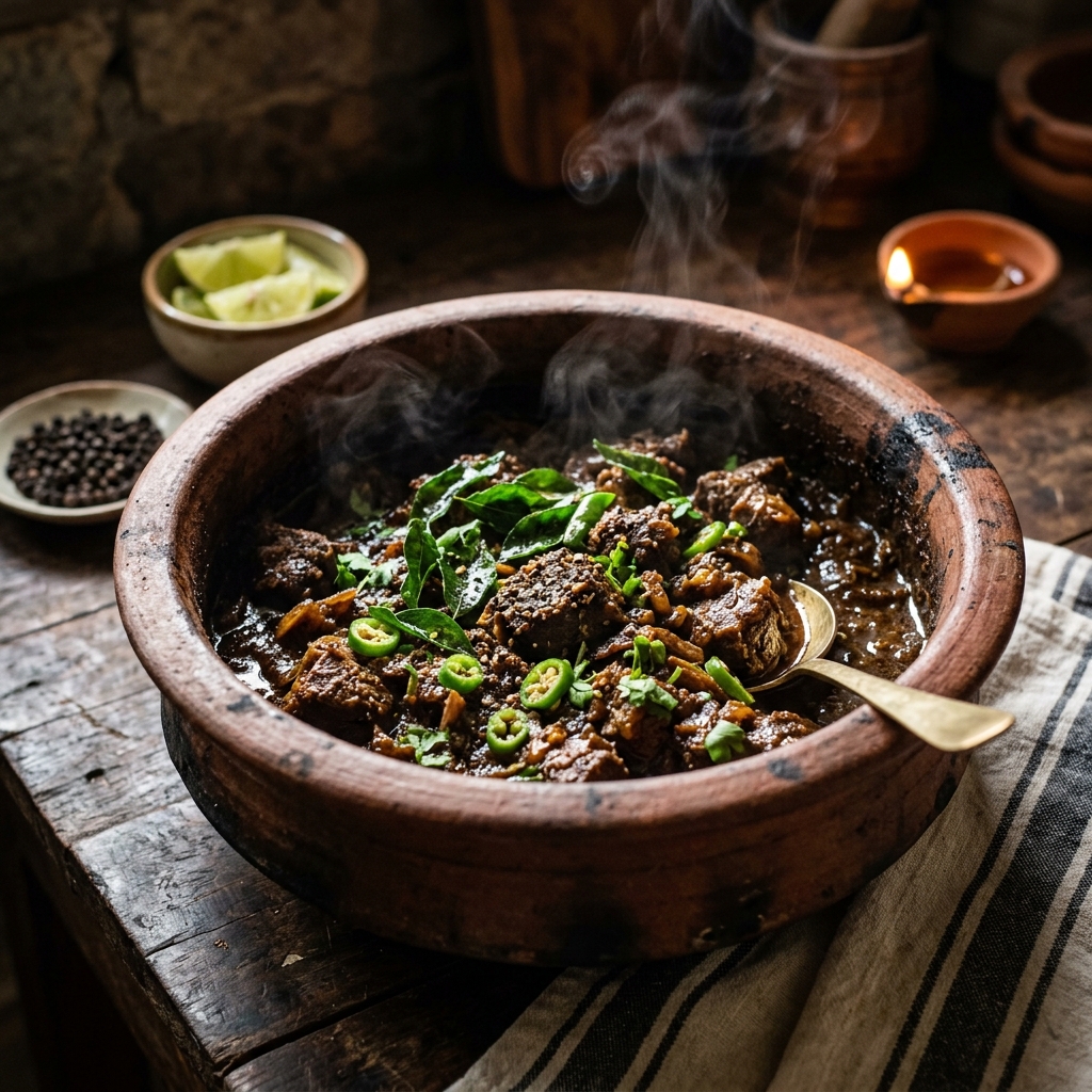 Beef pepper masala steaming in a clay pot with curry leaf and green chilli