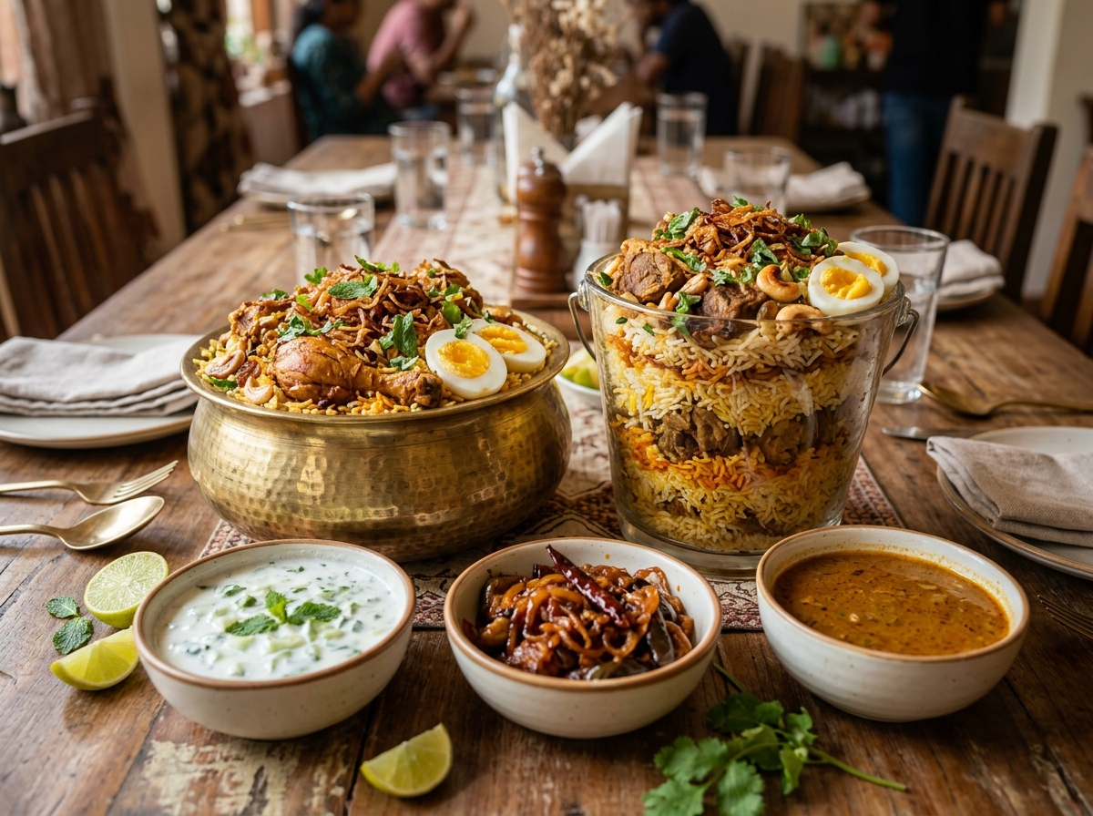 Bucket biryani layered with rice, mutton, cashew and boiled egg beside raita and curries