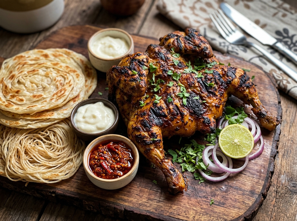 Whole charcoal-grilled chicken on a wooden board with kerala parotta, nool parotta and sauces