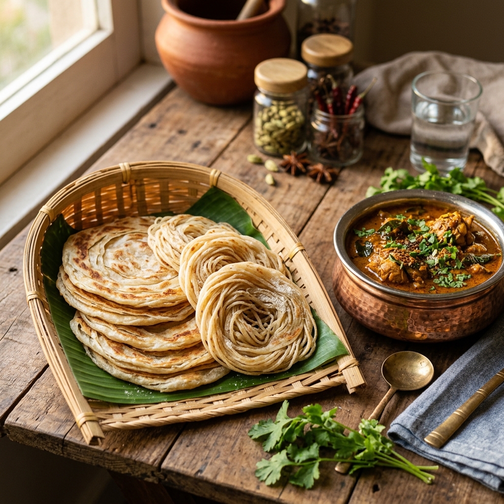 Basket of kerala parotta and nool parotta on a banana leaf beside a copper pot of curry