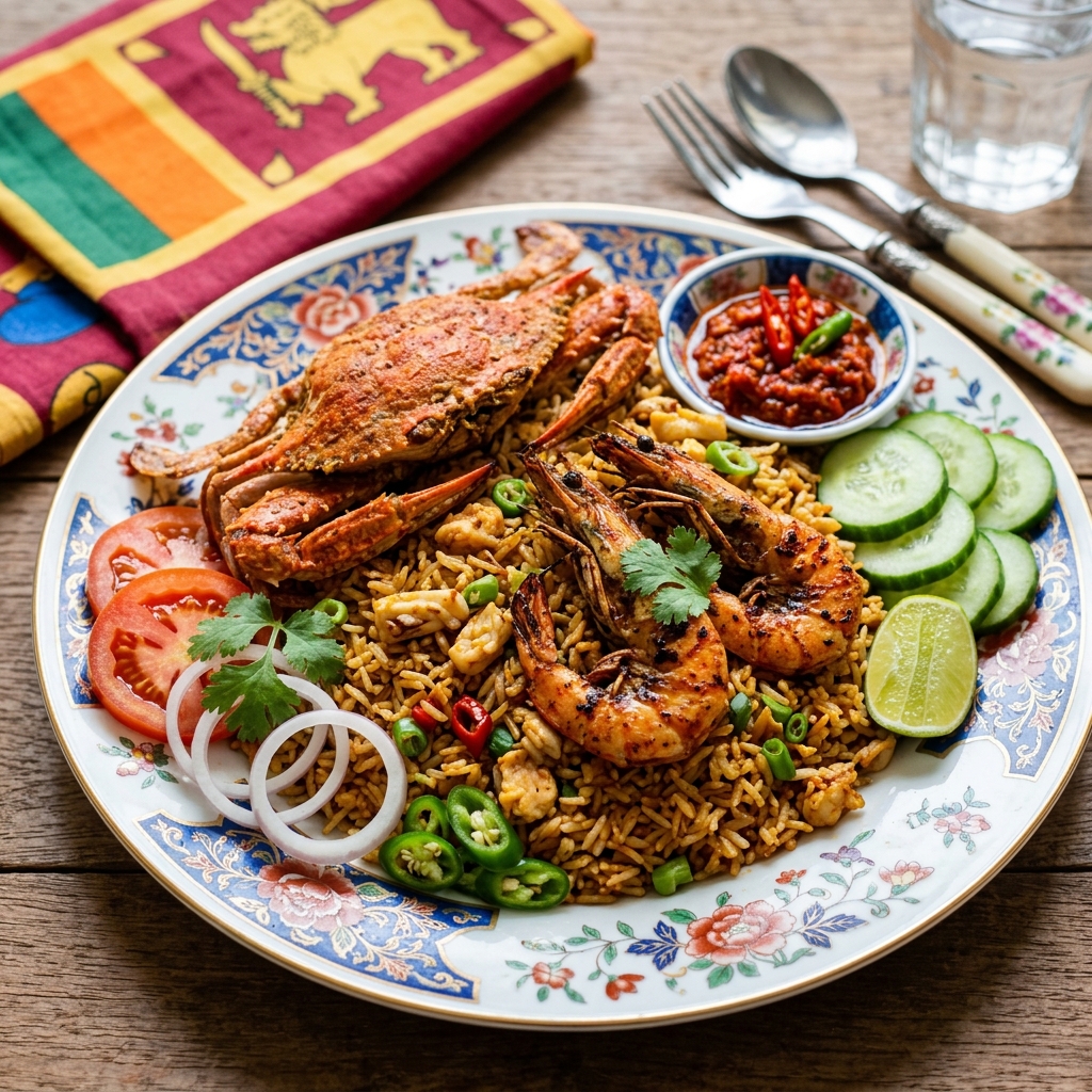 Seafood fried rice with whole crab and grilled prawns on a floral plate
