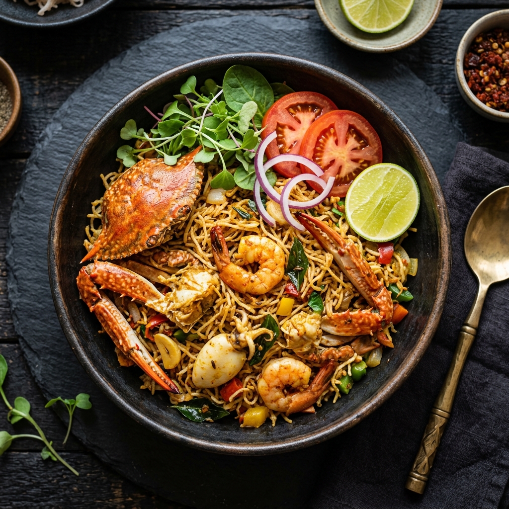 Seafood idiyappa kottu with crab, prawn and cuttlefish in a black clay bowl