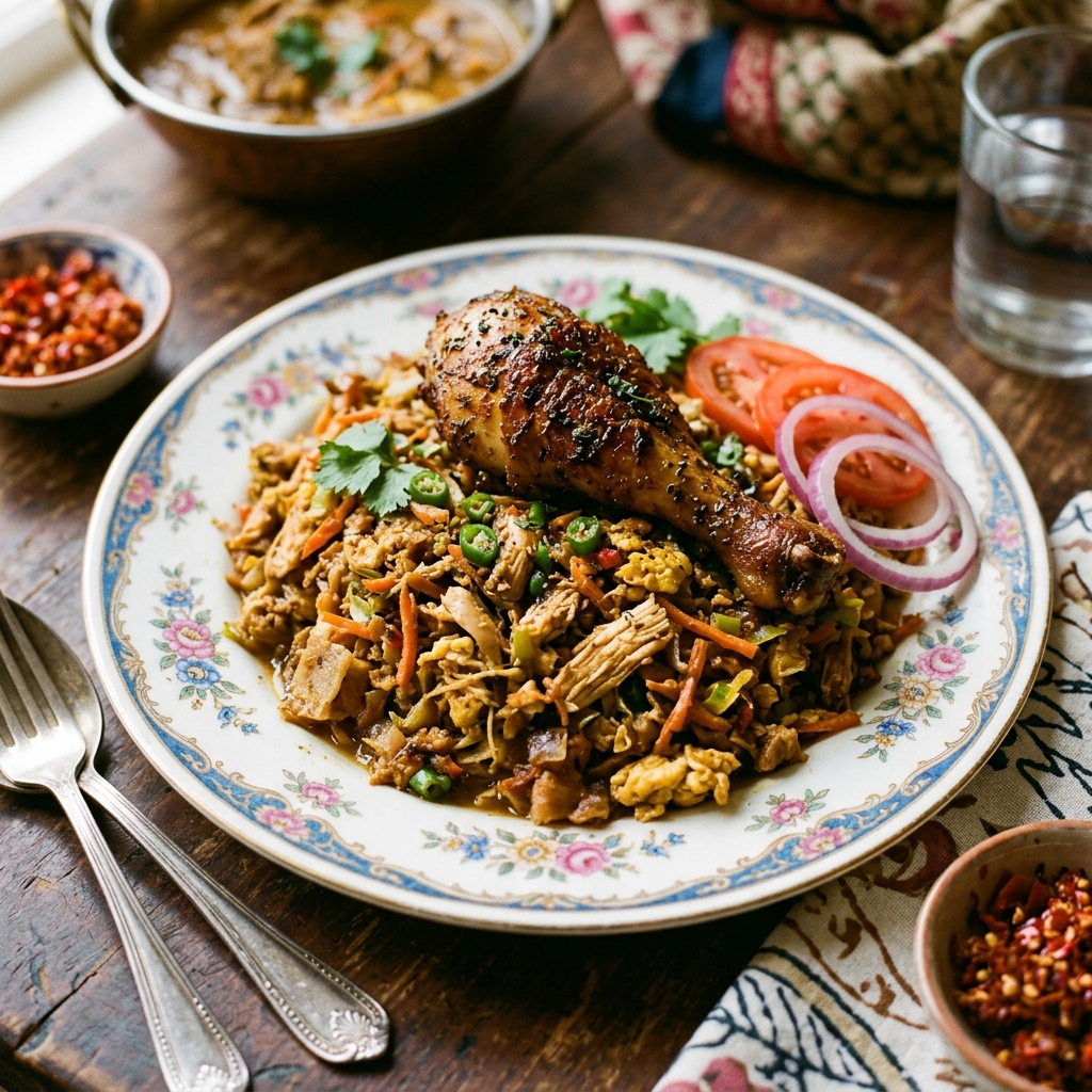 Special chicken kottu topped with a roast drumstick, tomato and onion