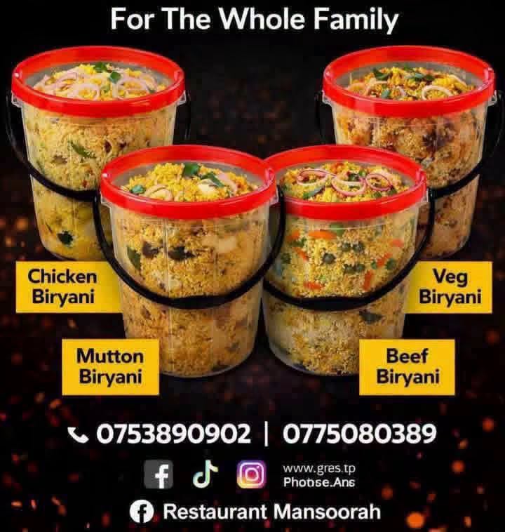 Poster showing chicken, mutton, beef and vegetable bucket biryanis