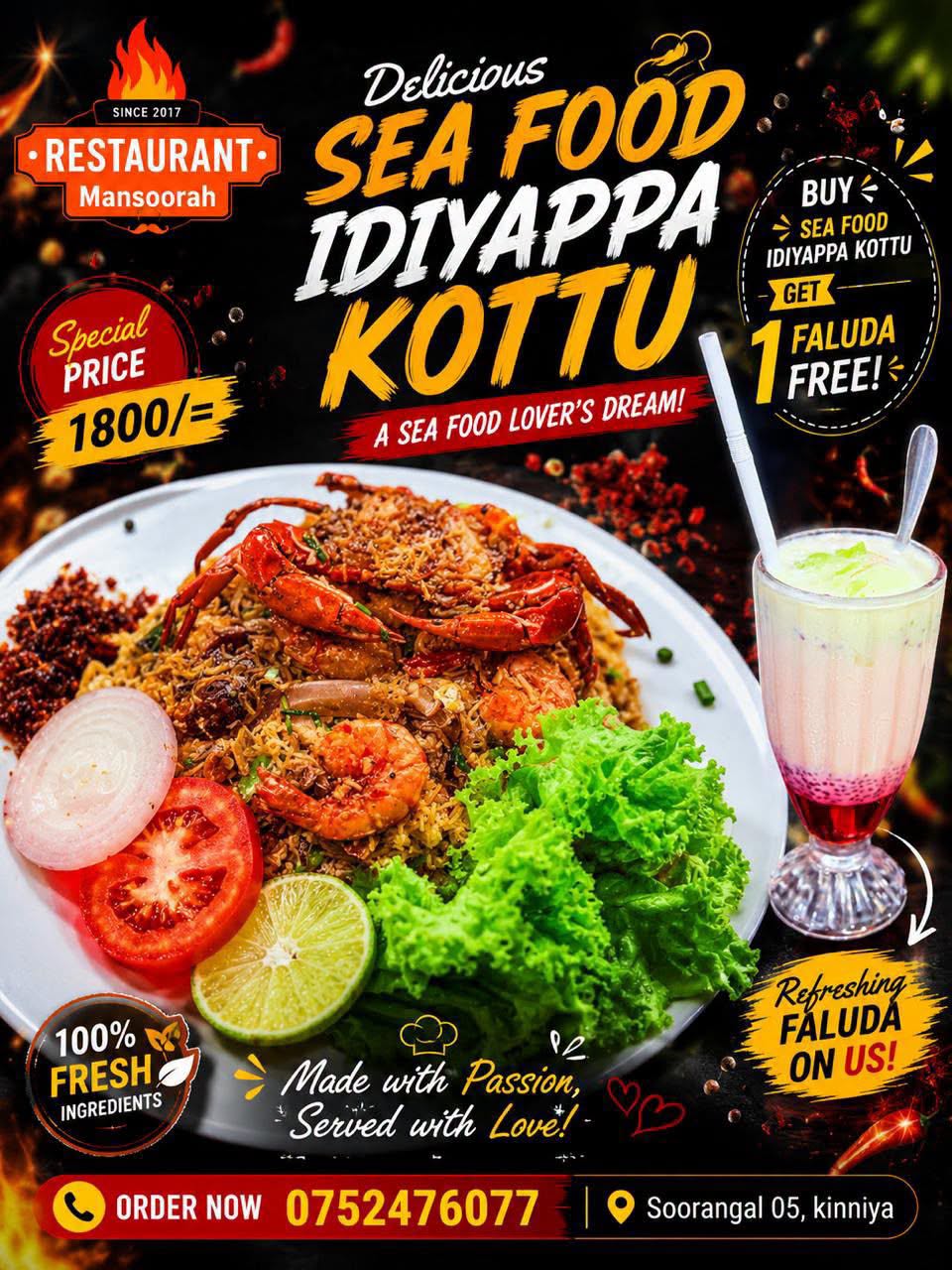 Restaurant Mansoorah poster for seafood idiyappa kottu at 1800 rupees